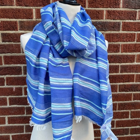 Gap Women Striped Blue Scarf Wrap Shawl  Fringe Ladies Neck Stole 71”x 25” - Picture 6 of 10
